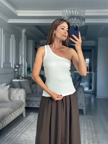 Beyaz Tek Omuz Fitilli Kaşkorse Kadın Body