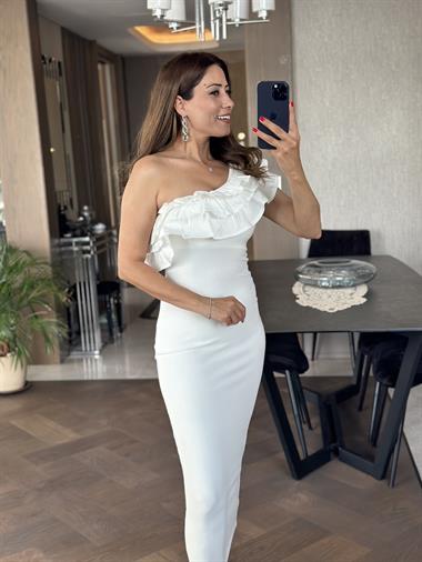 Beyaz Tek Omuz Yakası Volanlı Ottoman Kumaş Kadın Elbise 