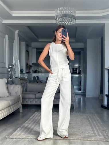 Beyaz Tensel Denim Kolsuz Bluz Pantolon Kadın İkili Takım