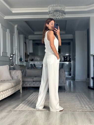 Beyaz Tensel Denim Kolsuz Bluz Pantolon Kadın İkili Takım