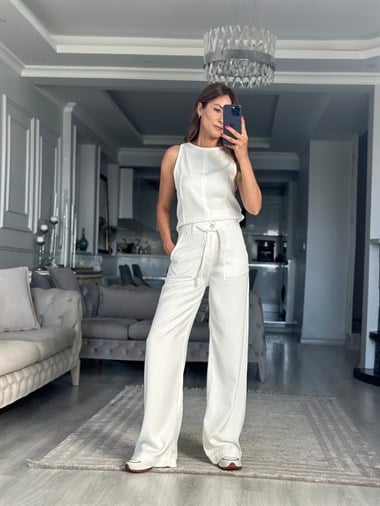 Beyaz Tensel Denim Kolsuz Bluz Pantolon Kadın İkili Takım