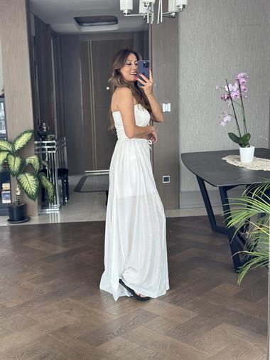 Beyaz Ters Dikiş Parçalı Bağcıklı Geniş Paça Kadın Pantolon