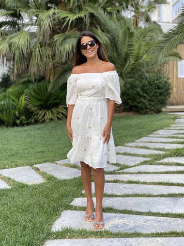 Beyaz Turuncu Nakış Detay Dantel Brode Kadın Elbise