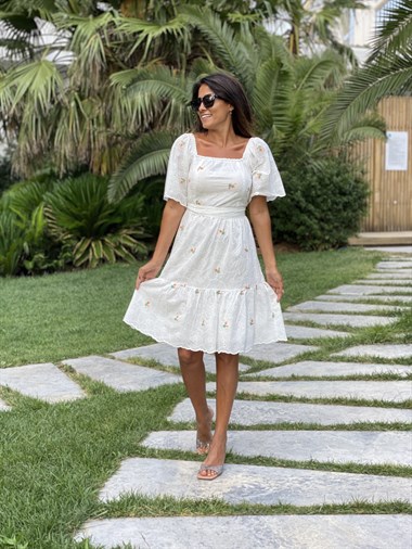 Beyaz Turuncu Nakış Detay Dantel Brode Kadın Elbise