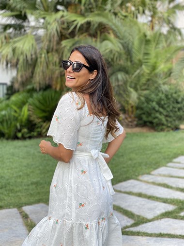 Beyaz Turuncu Nakış Detay Dantel Brode Kadın Elbise