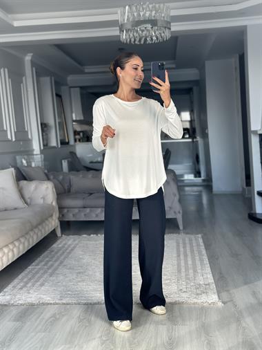 Beyaz Uzun Kollu Eteği Oval Kadın Bluz