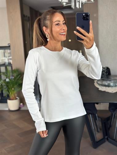 Beyaz Uzun Kollu Yakası Ribanalı Basic Kadın T-Shirt