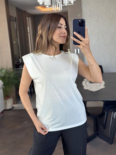 Beyaz Vatkalı Sıfır Kol Bisiklet Yaka Kadın T-Shirt