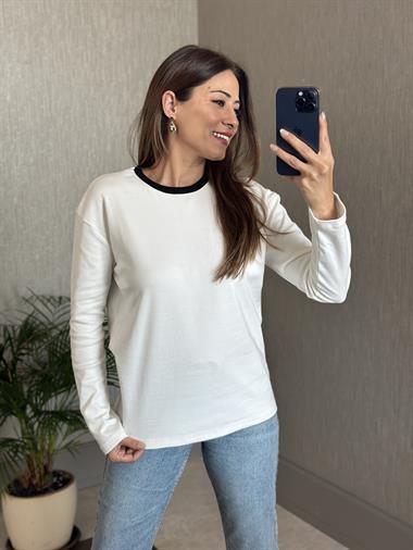 Beyaz Yakası Siyah Ribanalı Uzun Kollu Kadın T-Shirt