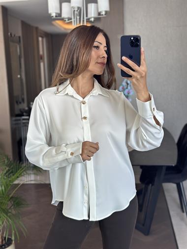 Beyaz Yakası Ve Kolları Gold Düğme Detay Kadın Saten Gömlek