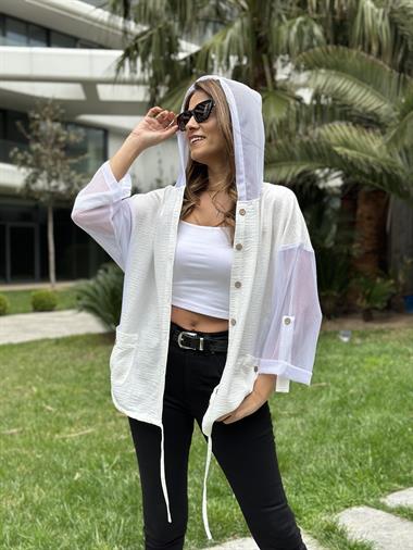 Beyaz Yan File Kapüşonlu Keten Aerobin Kadın Ceket