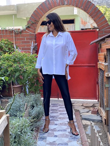 Beyaz Yanları Gold Düğmeli Poplin Kadın Gömlek