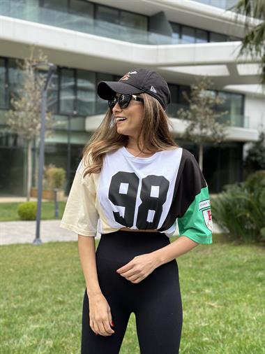 Beyaz Yanları Sarı Siyah 98 Baskılı Bisiklet Yaka Kadın T-Shirt