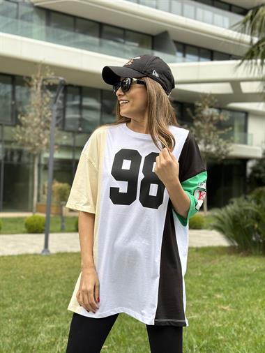 Beyaz Yanları Sarı Siyah 98 Baskılı Bisiklet Yaka Kadın T-Shirt