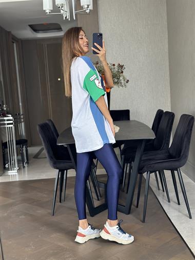 Beyaz Yanları Turuncu Mavi 98 Bakılı Bisiklet Yaka Kadın T-Shirt