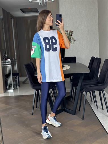 Beyaz Yanları Turuncu Mavi 98 Bakılı Bisiklet Yaka Kadın T-Shirt