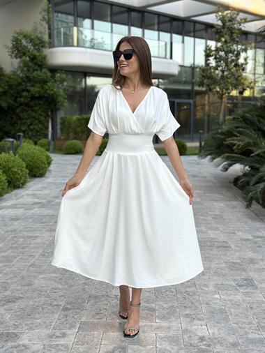Beyaz Yarasa Kol Kruvaze Yaka  Aerobin Kadın Elbise 