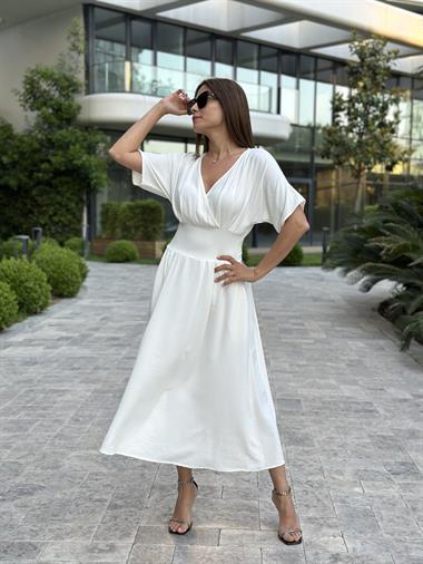 Beyaz Yarasa Kol Kruvaze Yaka  Aerobin Kadın Elbise 