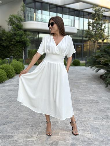 Beyaz Yarasa Kol Kruvaze Yaka  Aerobin Kadın Elbise 