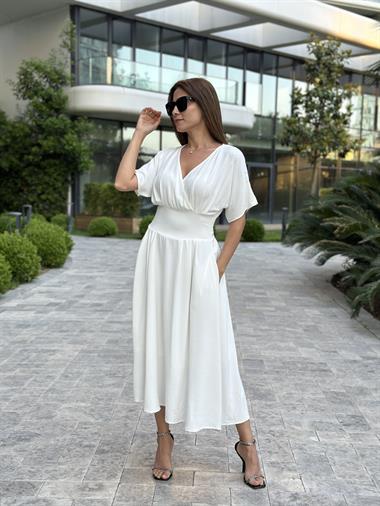 Beyaz Yarasa Kol Kruvaze Yaka  Aerobin Kadın Elbise 