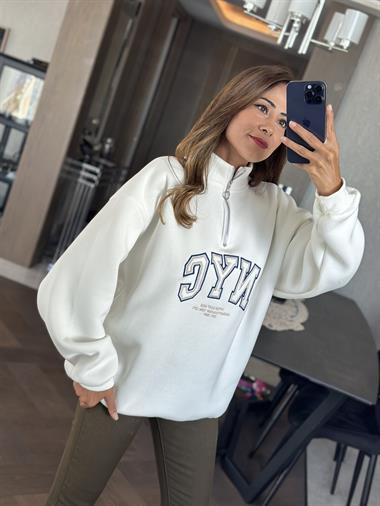 Beyaz Yarım Fermuarlı NYC Baskılı Kadın Sweatshirt