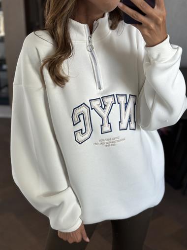 Beyaz Yarım Fermuarlı NYC Baskılı Kadın Sweatshirt