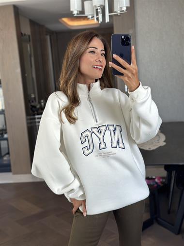 Beyaz Yarım Fermuarlı NYC Baskılı Kadın Sweatshirt