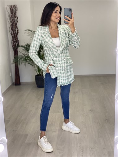 Yeşil Beyaz Desen Eteği Püsküllü Tüvit Kadın Ceket