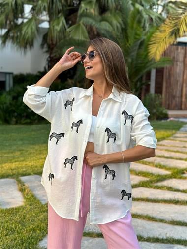 Beyaz Zebra Nakışlı Keten Aerobin Kadın Gömlek