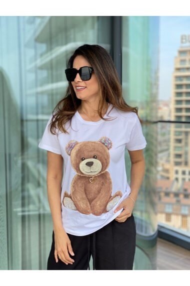 Beyaz  Zincir Kolyeli Pullu Ayıcık T-Shirt 