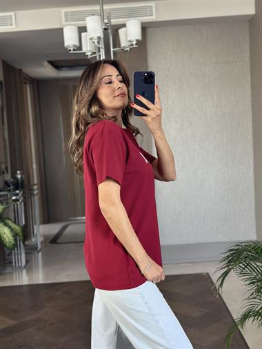 Bordo A Nakışlı Bisiklet Yaka Kısa Kol Kadın T-Shirt