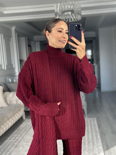 Bordo Atkılı Saç Örgü Kazak Pantolon Kadın Üçlü Triko Takım