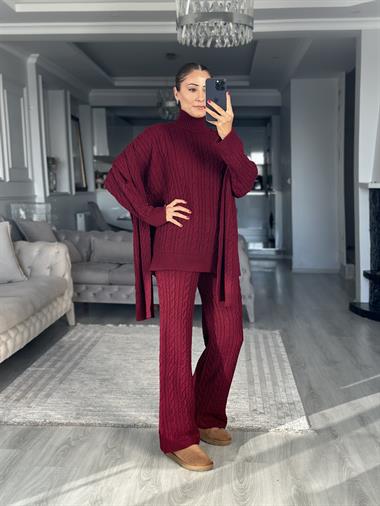 Bordo Atkılı Saç Örgü Kazak Pantolon Kadın Üçlü Triko Takım