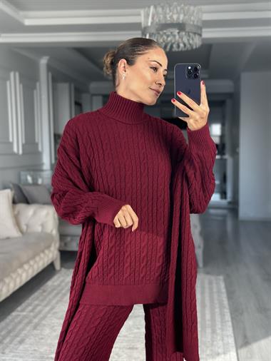 Bordo Atkılı Saç Örgü Kazak Pantolon Kadın Üçlü Triko Takım