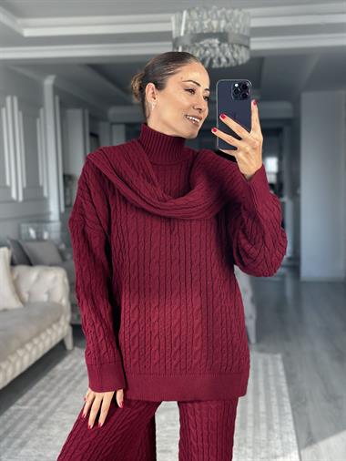 Bordo Atkılı Saç Örgü Kazak Pantolon Kadın Üçlü Triko Takım