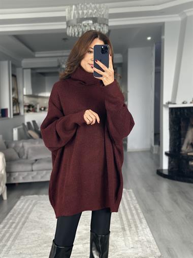 Bordo Balıkçı Yaka Geniş Kadın Triko Kazak