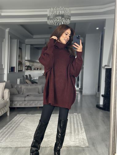 Bordo Balıkçı Yaka Geniş Kadın Triko Kazak