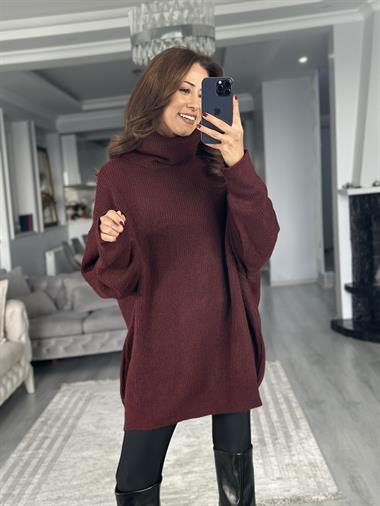 Bordo Balıkçı Yaka Geniş Kadın Triko Kazak