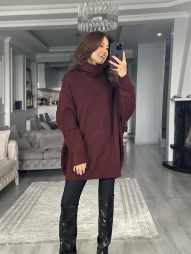 Bordo Balıkçı Yaka Geniş Kadın Triko Kazak