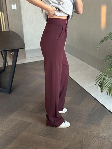 Bordo Beli Cırtlı Likralı Krep Palazzo Kadın Pantolon