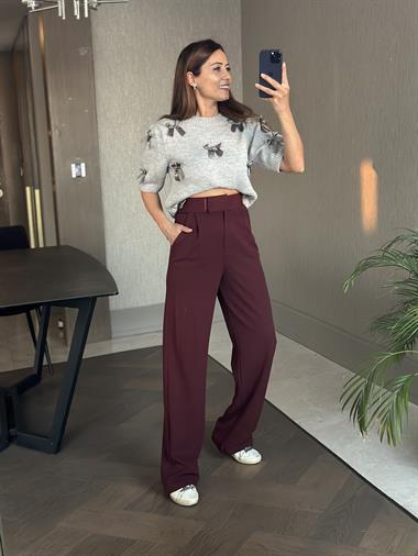 Bordo Beli Cırtlı Likralı Krep Palazzo Kadın Pantolon