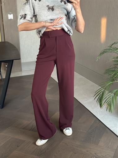 Bordo Beli Cırtlı Likralı Krep Palazzo Kadın Pantolon