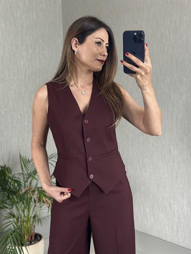Bordo Bezayağı Yelek Pantolon Kadın Takım
