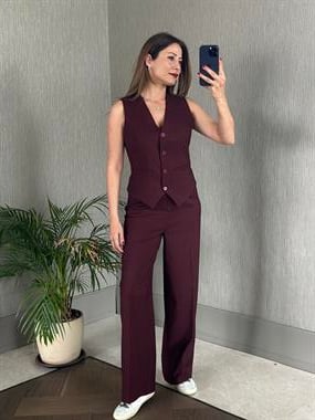 Bordo Bezayağı Yelek Pantolon Kadın Takım
