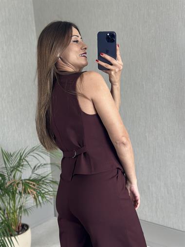 Bordo Bezayağı Yelek Pantolon Kadın Takım