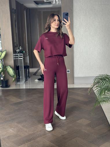 Bordo Bisiklet Yaka Baskılı Kadın Eşofman Takımı