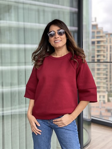 Bordo Bisiklet Yaka Kısa Kol Sweatshirt