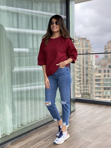 Bordo Bisiklet Yaka Kısa Kol Sweatshirt