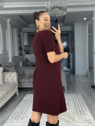 Bordo Bisiklet Yaka Kısa Kol Yumuşak Dokulu Kadın Triko Elbise