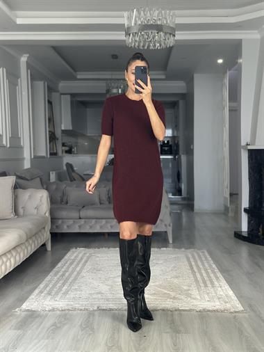 Bordo Bisiklet Yaka Kısa Kol Yumuşak Dokulu Kadın Triko Elbise